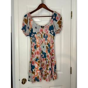 Angie Dress Womens M Floral Smocked Waist Rayon Boho Puff Sleeve Mini Dress
